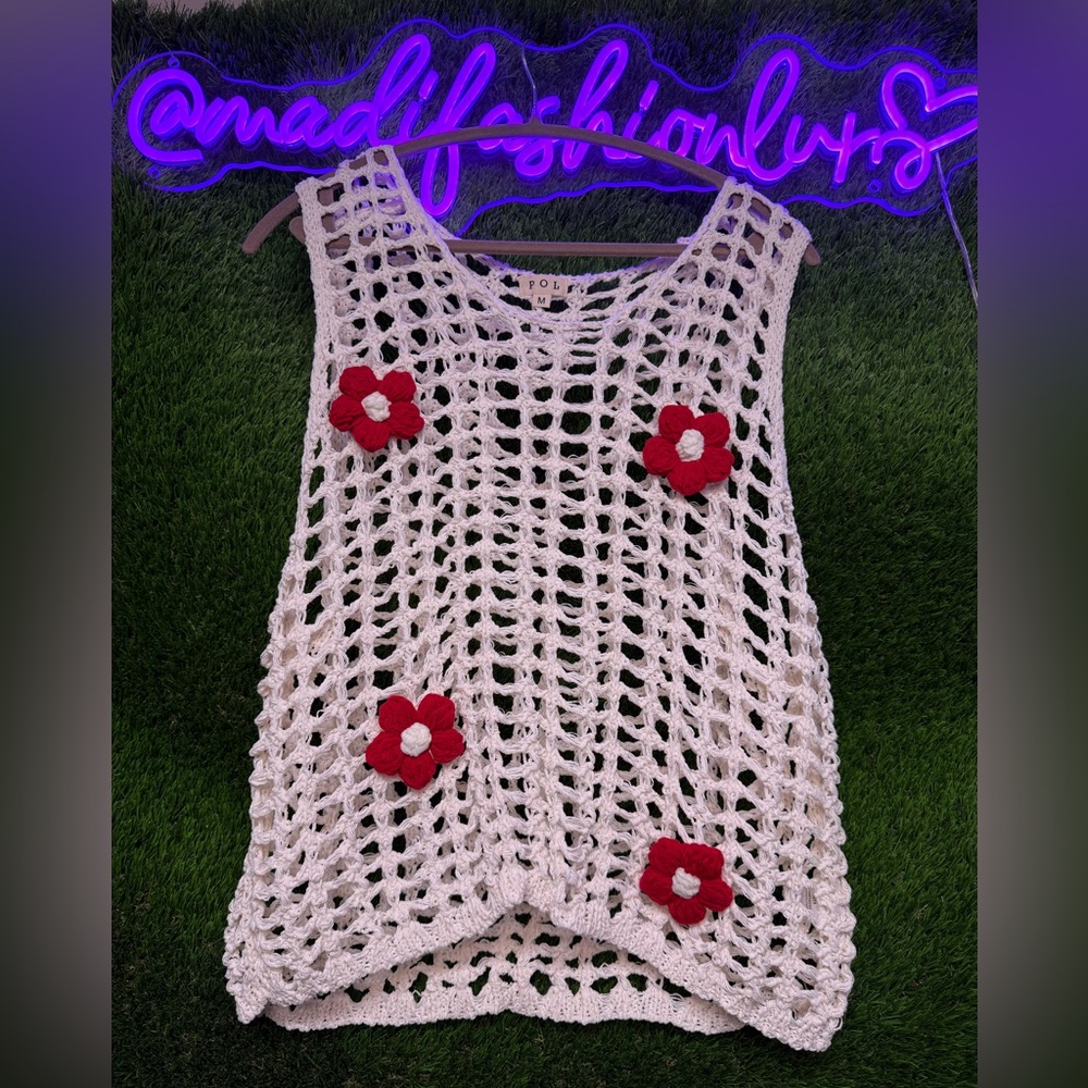 POL White Crochet Tank Top with Red Flower Appliqués NWT